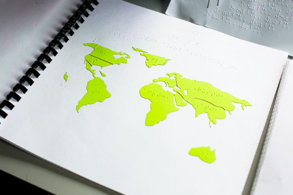 A braille tactile map of the world's continents